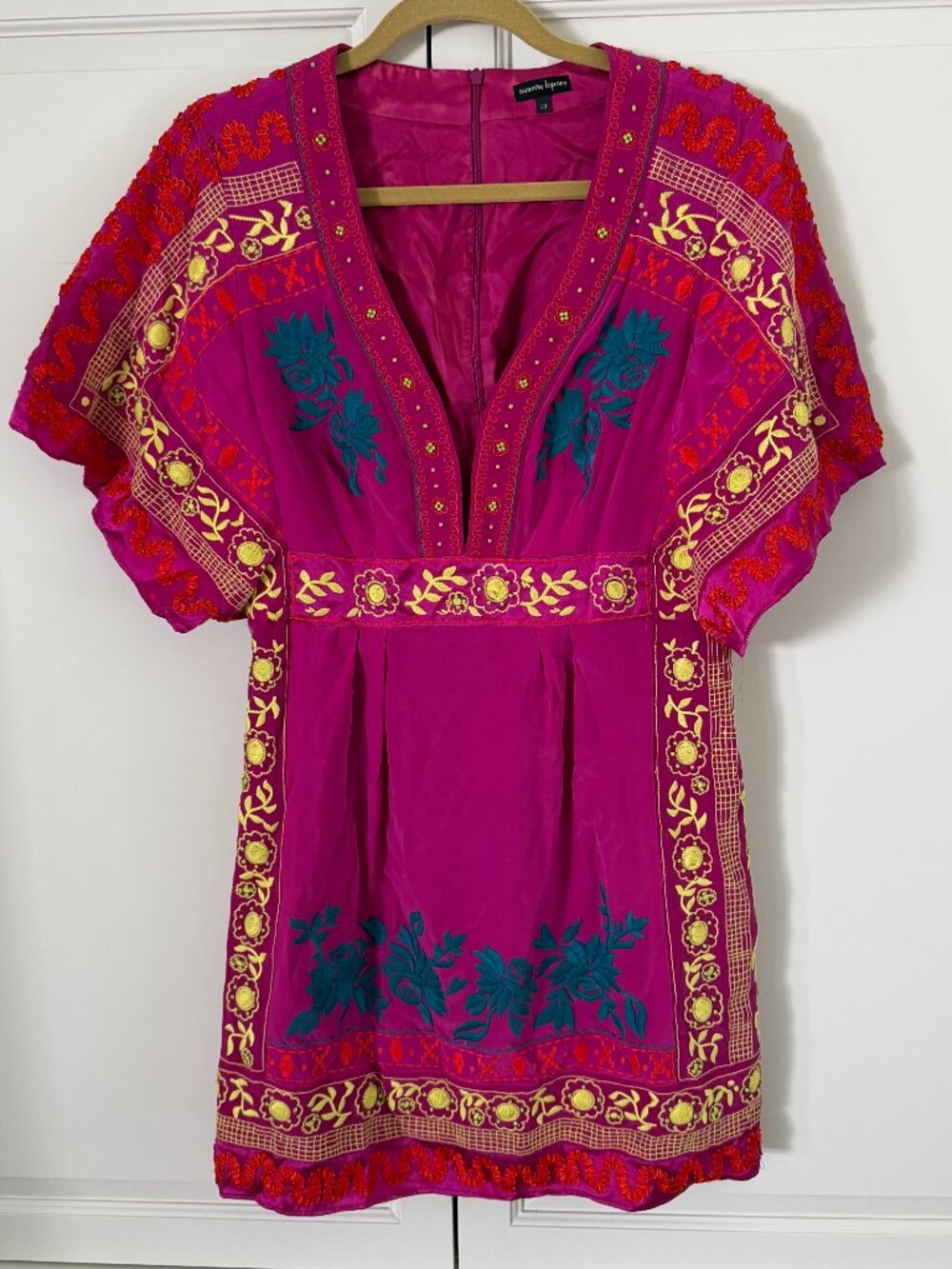 Vintage Y2K Nanette Lepore Embroidered & Beaded Bright Pink Mini Dress Size 10